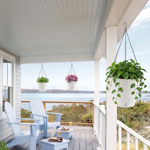 8 Inch Hanging Planters Indoor Outdoor, 3 Pack Plastic Self Watering Plant Pots with Drainage Holes & Saucers, Hanging Baskets Flower Pots with Chain for Ivy, Spider Plant, Pothos, Ferns - color: White