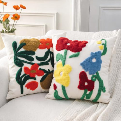 Boho Art Red Spring Floral Embroidered Throw Pillow Cover 18"x18" Set of 2 - color: Artflower Red