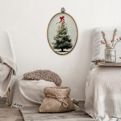 XPH Red Bow Christmas Tree Oval Wall Art Framed 8.6x11.4 Inch - color: Christmas53