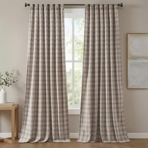 Madison Park Plaid Curtain, Fleece Lining, 1 Panel, 50x84 Brown Front Tab - color: Rod Pocket & Front Tab With Button, Brown, size: 50"W x 84"L (Pack of 1)
