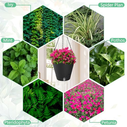 8 Inch Hanging Planters Indoor Outdoor, 3 Pack Plastic Self Watering Plant Pots with Drainage Holes & Saucers, Hanging Baskets Flower Pots with Chain for Ivy, Spider Plant, Pothos, Ferns - color: Black