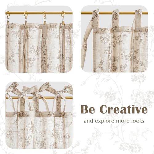 jinchan Taupe Floral Kitchen Tier Curtains Alisa 36 Inches Tie Top 2 Panles - color: Alisa Taupe on Linen, size: 26"W x 36"L (Pack of 2)