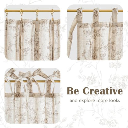 jinchan Taupe Floral Kitchen Tier Curtains Alisa 36 Inches Tie Top 2 Panles - color: Alisa Taupe on Linen, size: 26"W x 36"L (Pack of 2)