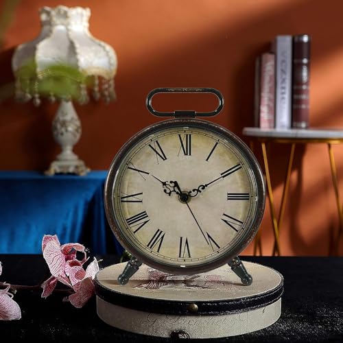 Vintage Desk Clock, Brown, 8 Inches, Battery Operated