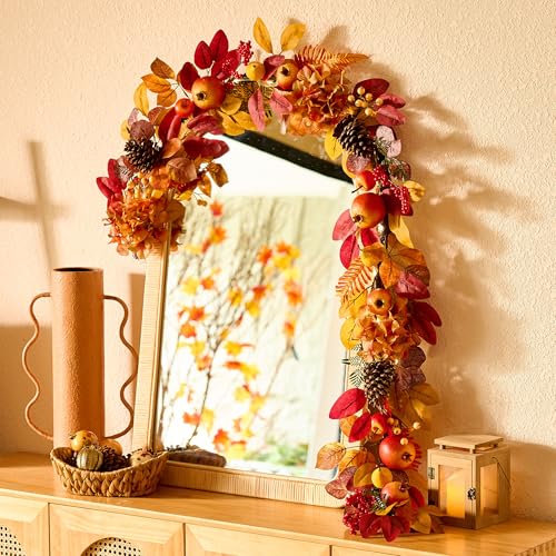 DecorbyHannah 6ft Fall Garland for Mantle with Lights & Leaves Pomegranate