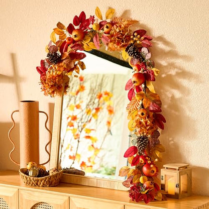 DecorbyHannah 6ft Fall Garland for Mantle with Lights & Leaves Pomegranate