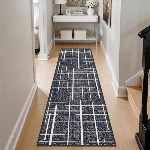 Non Slip Hallway Runner Rug 2x8,Modern Distressed Stripe, Washable Long Rug, Woven Thin Low Pile Carpet Runners for Hallway 10ft Entryway, Kitchen, Walkway- Midnight Black - color: Striped-black/White, size: 2' x 8' (Runner)