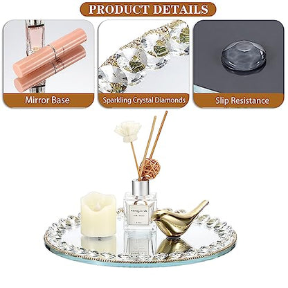 Hipiwe Mirror Glass Vanity Tray Sparkling Crystal Perfume Tray Round Decorative Tray Gorgeous Makeup Organizer Tray Jewelry Trinket Tray for Bathroom Dresser Table, 10.6 inch