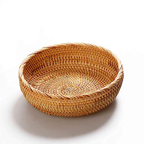 Hadewoven Round Rattan Fruit Basket Wicker Food Tray Weaving Storage Holder Dining Room Bowl, 8 Inch Small Bread Baskets Tray for Serving with Deep Wall, Brown (Small 7.48”) - size: Small 7.48"