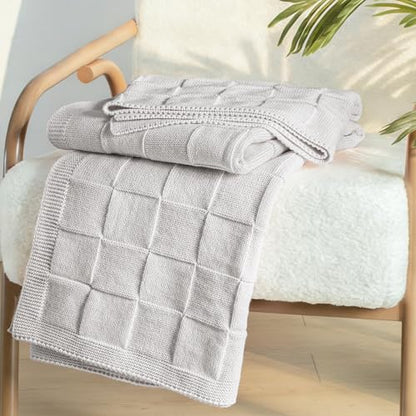 Whale Flotilla Checkered Knit Throw Blanket for Couch, Light Grey - color: Light Grey, size: 50x60 Inch