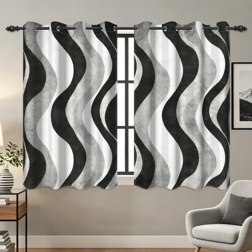 Modern Blackout Curtains 63 Inch Length 2 Panel Set,Black White Gray Wave Striped Abstract Curtains for Bedroom Living Room,Room Darkening Window Drapes with Grommet - color: 02 Black, size: 52"W x 63"L (Pack of 2)