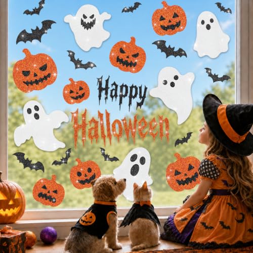 Glitter Halloween Window Clings Decor, Cute Ghost Pumpkin Stickers Decals - color: Halloween Glitter