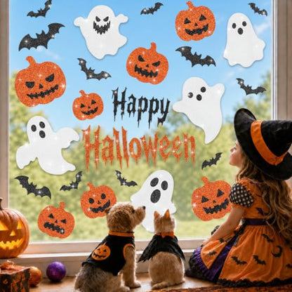 Glitter Halloween Window Clings Decor, Cute Ghost Pumpkin Stickers Decals - color: Halloween Glitter