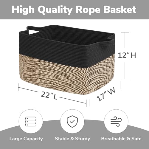 Goodpick 75L Extra Large Woven Blanket Basket, 22" x 17" x 12", Black Jute - color: Black, size: 22"L x 17"W x 12"H