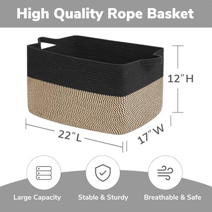Goodpick 75L Extra Large Woven Blanket Basket, 22" x 17" x 12", Black Jute - color: Black, size: 22"L x 17"W x 12"H