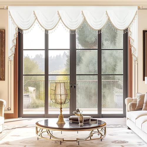 VOGOL Sheer White Waterfall Valance with Beaded Tassels, 138 x 43, 1 Panel - color: White-beaded, size: 138"W x 43"L (Pack of 1)