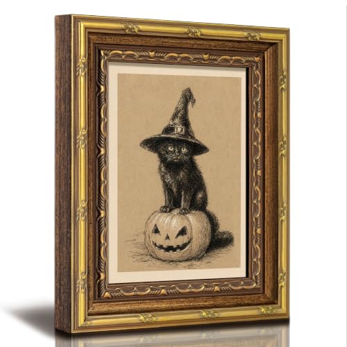 HUARCEY Vintage Gold Framed Halloween Cat Wall Art 8"x10",Halloween Decor - color: Cat, size: 10"L x 8"W
