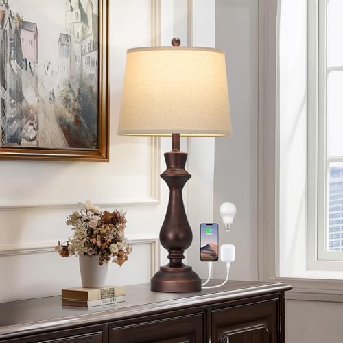 Cinkeda Touch Lamps for Night Stand- 29.5" Tall Bedside Lamp with USB C+A, 3 Way Dimmable Bedroom Lamps, Vintage Brown Table Lamps for Living Room,Single Brown - color: Brown-1P