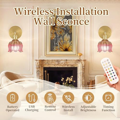 Battery Operated Wall Sconces Set of 2, Green Tulip Glass Wall Lights | Rechargeable flower wall lamps with remote control, 15 colors, 10-level dimming and timer for bedroom and living room - color: Flower Pink
