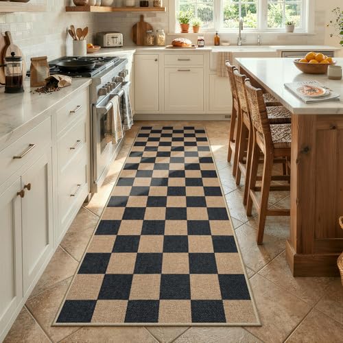 Lahome Checkered Easy Jute Kitchen Runner Rug, 2x8 Outdoor Rugs Washable - color: Black/Checkerboard -1, size: 2'6" x 8' (Runner)