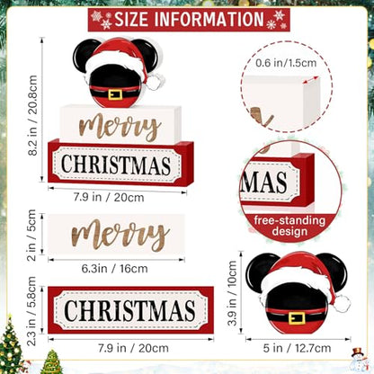 Christmas Wooden Table Signs, Mouse Shaped Merry Christmas Tiered Tray Decor Wood Blocks Decorative Tabletop Sign, Farmhouse Winter Holiday Decor for Home Mantle Shelf Decorations 3 Layered