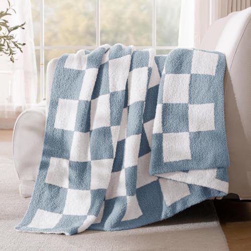 Exclusivo Mezcla Checkered Knit Throw Blanket for Couch, Stone Blue - color: Stone Blue, size: Throw (50"x60")