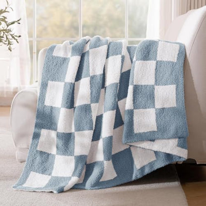 Exclusivo Mezcla Checkered Knit Throw Blanket for Couch, Stone Blue - color: Stone Blue, size: Throw (50"x60")