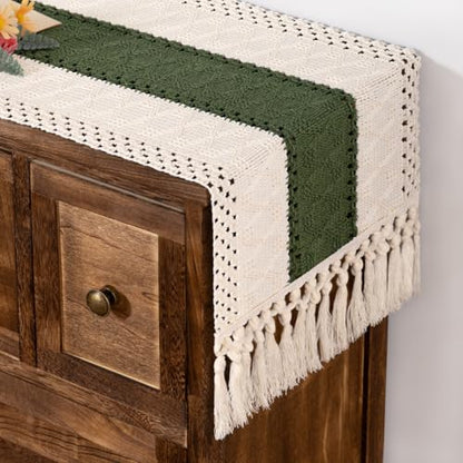 Boho Macrame Table Runner Ivory Olive Burlap Small Dresser Runner - color: Olive and White, size: 12" × 48"