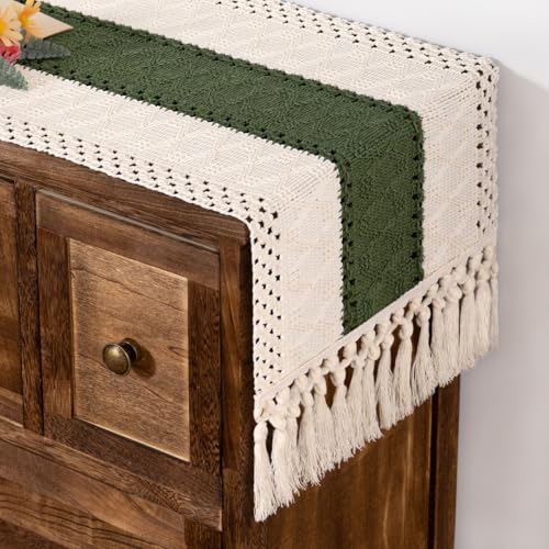 Boho Macrame Table Runner Ivory Olive Burlap Small Dresser Runner - color: Olive and White, size: 12" × 90"