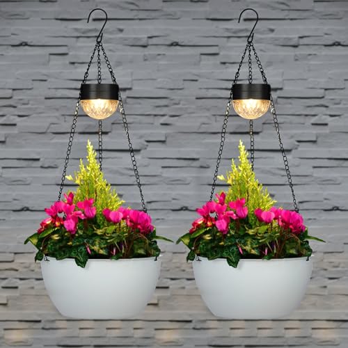 BAYN 2 Packs Solar Hanging Basket Planters for Plants Outdoor - color: White