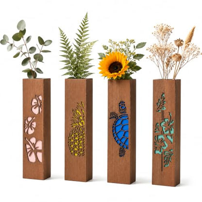 4 Sets Wood Wall Vase Planter for Home Decor Living Room Bedroom Bathroom Wooden Hanging Planters Vases Wall-Mounted Rustic Farmhouse Decorative Holders Mount - Brown - 11.81in