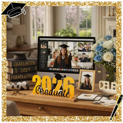 MiniInflat Graduation Table Decoration Graduate Metal Sign Class of 2026 Tiered Tray Decor Rustic Graduation Tabletop Centerpiece Bachelor Hat Decor with Wooden Base for Graduate Party Supplies Shelf - style: Graduate