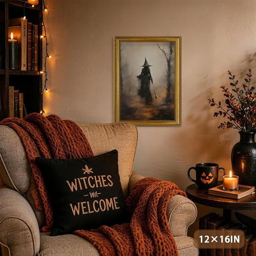 AVECCO Halloween Witch Broomstick Forest Wall Art Canvas Framed 8x10 inch - color: Witch, size: 10"L x 8"W