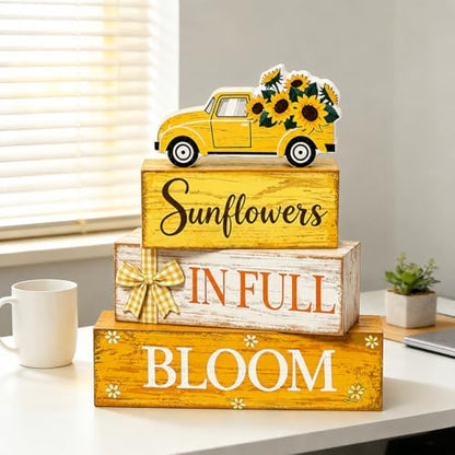 4 Pcs Summer Sunflower Table Decor, Wooden Sunflower Tiered Tray Decor with Truck, Rustic Farmhouse Yellow Block Tabletop Centerpiece for Home Kitchen Office Coffee Bar Fireplace Mantel Floating Shelf - style: Car