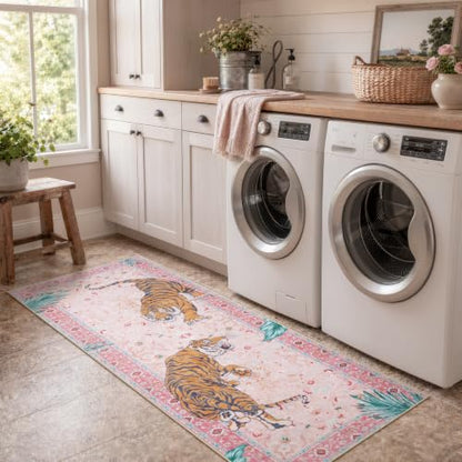 Moynesa 2x6 Pink Tiger Hallway Runner Rug, Washable Boho Runner for Kitchen - color: Pink, size: 2' x 6' (Rectangular)