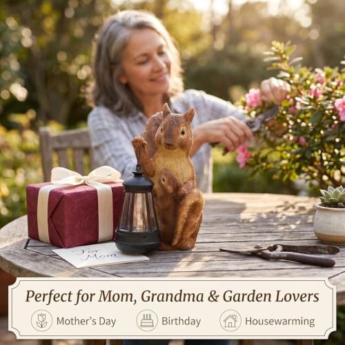 Solar Squirrels Garden Statue, Outdoor Fall Decor, 8" H - color: Brown