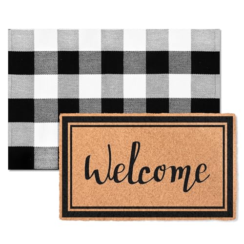 2-Piece Layered Welcome Mat Set - Coir Doormat & Buffalo Plaid Rug - color: Welcome 1
