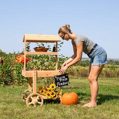 Sunnydaze Flower Cart Display Stand with Wheels, Fir Wood, 49” H, Natural - color: Natural