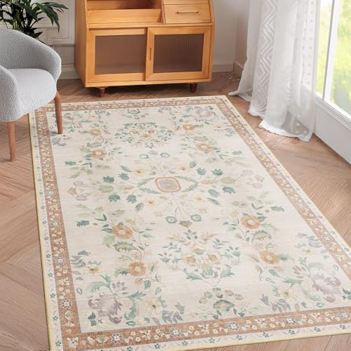 MUJOO 3x5 Rug Washable Floral Area Rugs Non Slip Ultra-Thin - color: Beige, size: 3' x 5' (Rectangular)