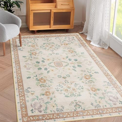 MUJOO 3x5 Rug Washable Floral Area Rugs Non Slip Ultra-Thin - color: Beige, size: 3' x 5' (Rectangular)