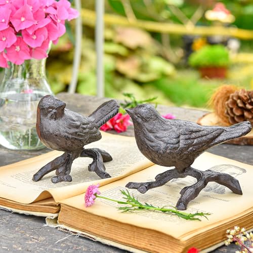 Sungmor Cast Iron Small Bird with Branch Statues, 2 Pack Rust Brown - color: Brown & Birds