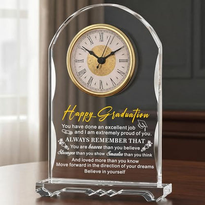 Crystal Clock Graduation Gift for Her Him Women Men - Class of 2026 Graduation Keepsake Present for College High School PHD Masters Degree, Gift for Daughter Son Sister Friend - color: Happy Graduation