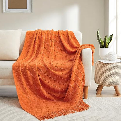 Acrylic Knitted Throw Blanket, 50 x 60 Inches, Orange - color: Orange