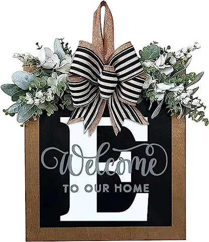 Last Name All Year Round Front Door Wreath with 26 Initial Letter Welcome Sign All Seasons Eucalyptus Garland and Bow ，Farmhouse, Porch, for Spring Summer Fall All Seasons Holiday Halloween Christmas.（E） - color: E