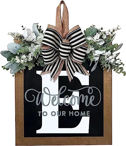 Last Name All Year Round Front Door Wreath with 26 Initial Letter Welcome Sign All Seasons Eucalyptus Garland and Bow ，Farmhouse, Porch, for Spring Summer Fall All Seasons Holiday Halloween Christmas.（E） - color: E