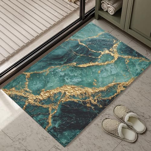 Green Gold Marble Bath Mat Rug, Door Mat Doormat Entrance Non-Slip Bathroom Rugs for Entryway Bathroom Kitchen 17 x 30 Inch - color: Green Gold Marble