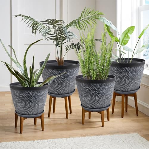 Quarut 4 Pack 6 Inch Flower Pots,Plastic Plant Pots with Drainage Hole&Tray - color: Gray, size: 6 Inch