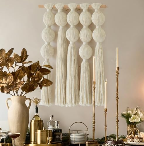 Macrame Wall Hanging Geometric Yarn Spheres Cotton Tassel Art 15.7"W*19.6"L - color: Ivory2