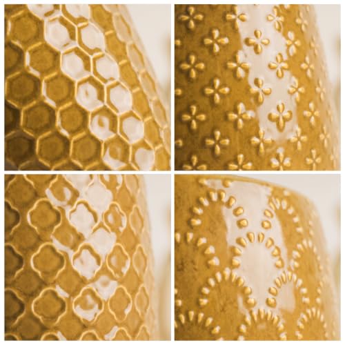 EFISPSS Ceramic Plant Pots, 5 Inch Planters with Drainage Holes and Ceramic Tray, Relief Design Flower Planter, Desktop Office Windowsill Decoration Gift Set of 4-Light Olive-Deep Yellow - color: Deep Yellow