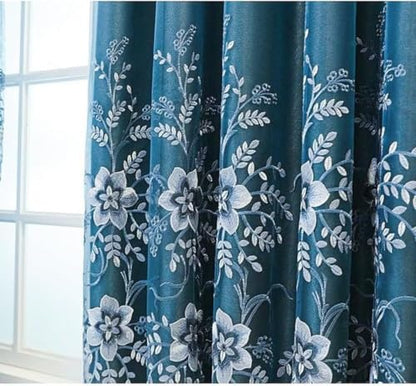 Amidoudou 1 Pair European Double Layer Curtains for Living Room Bedroom Luxury Flower Embroidered Curtains with Valance (Blue,52x90 Inch) - color: Blue, size: 52"W x 90"L (Pack of 2)